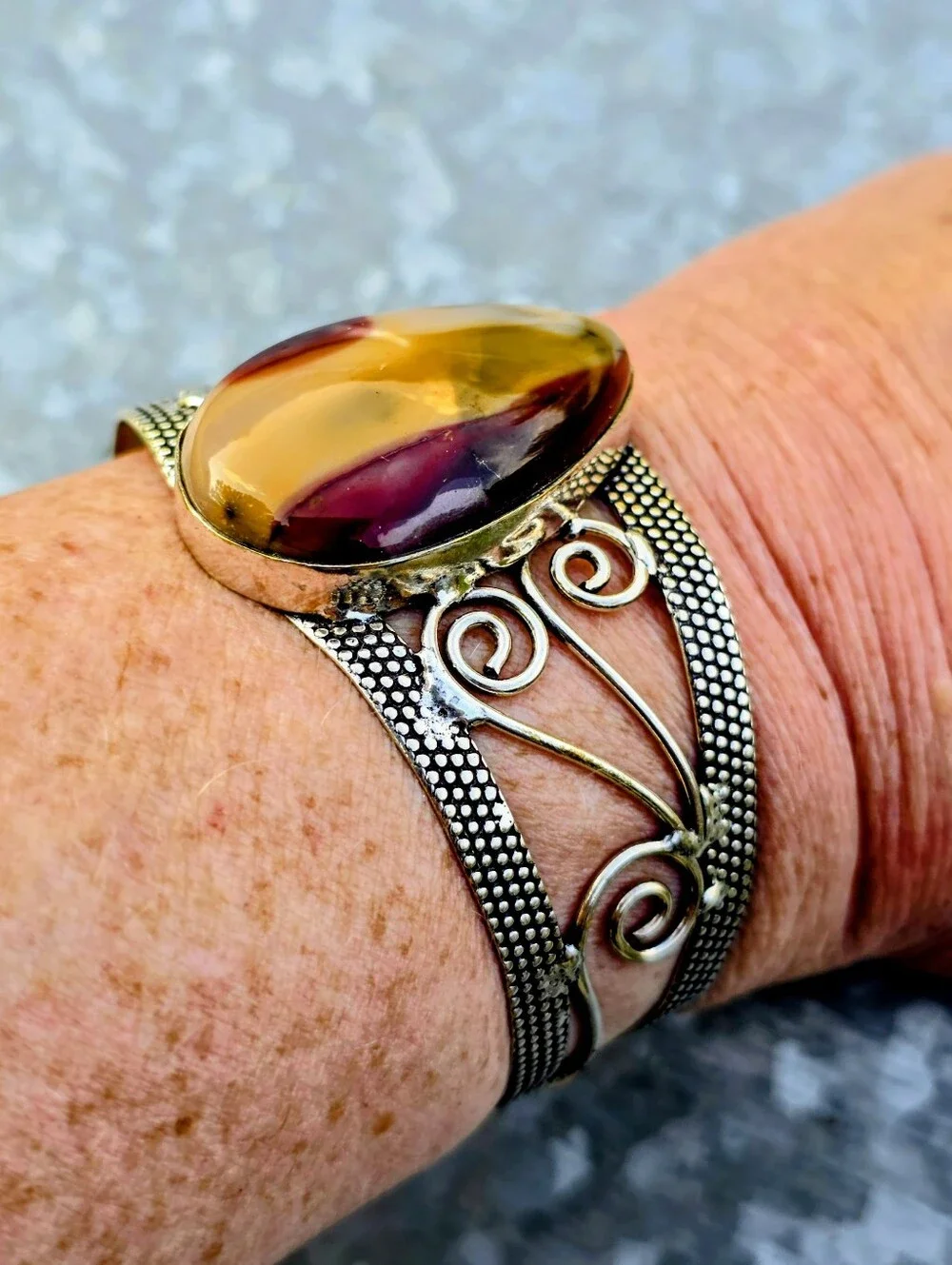 Mookaite Gemstone Cuff Bracelet In 925 Sterling Silver (Adjustable)